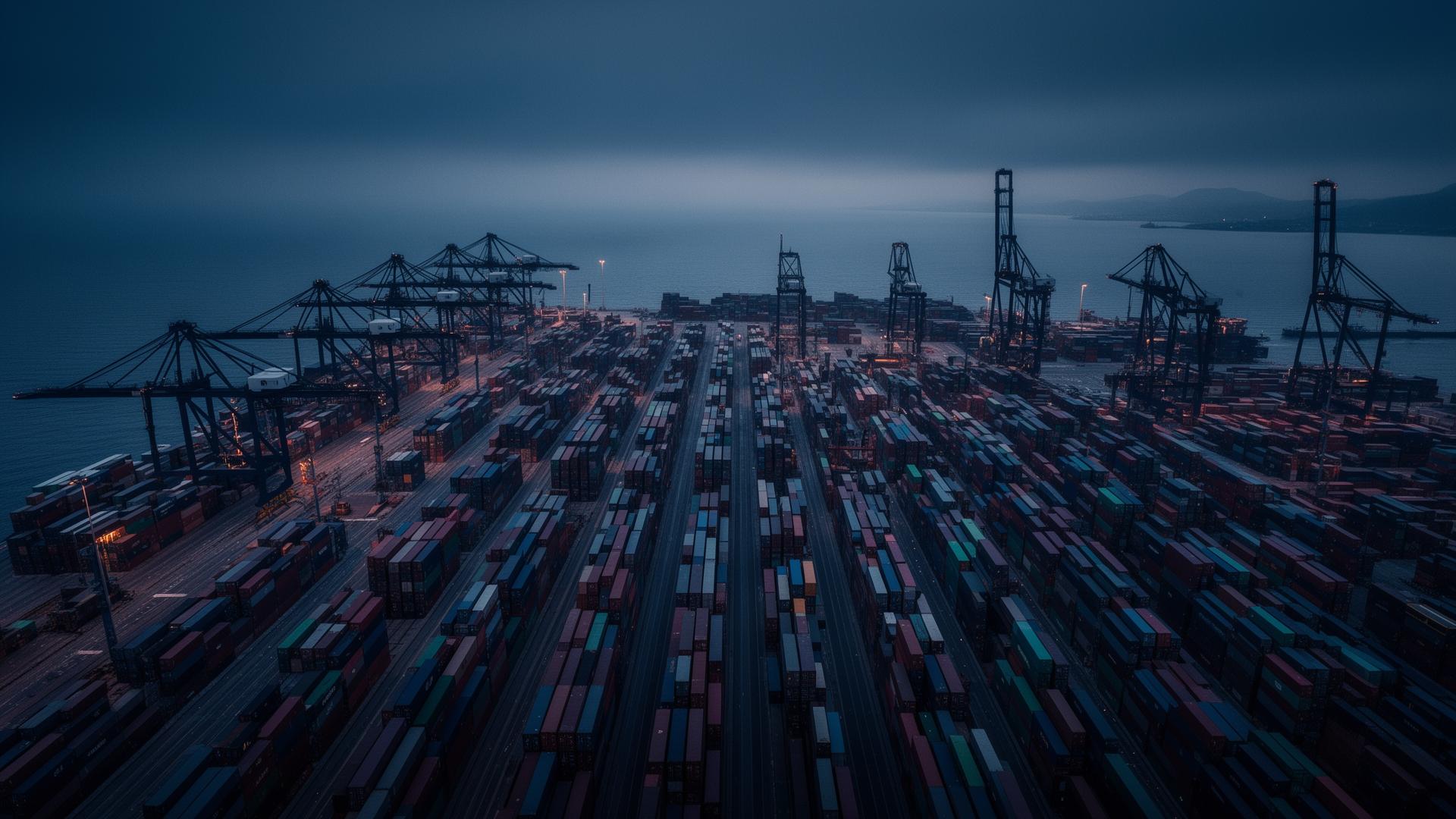 International container port at dusk